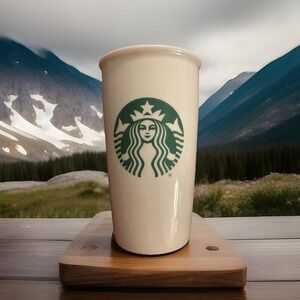 Starbucks 2015 White‎ Ceramic Travel Mug 12Oz Tumbler w/Lid-Mermaid Logo-Classic